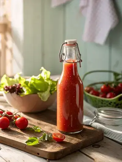 Close-up of a glass bottle of Catalina dressing on a wooden table with fresh vegetables in the foreground.