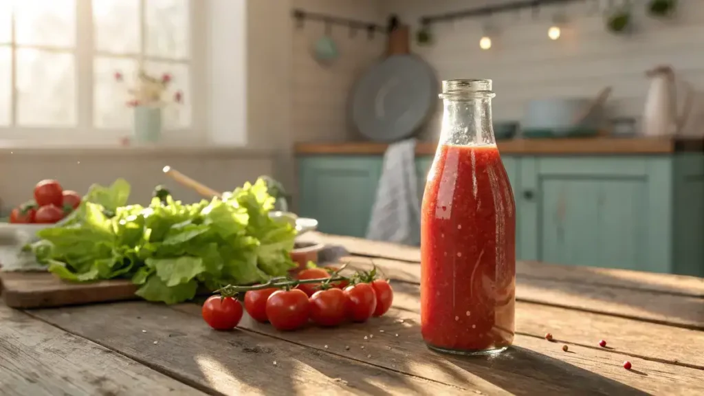 Close-up of a glass bottle of Catalina dressing on a wooden table with fresh vegetables in the foreground.