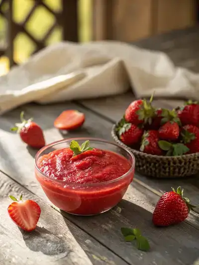Close-up of strawberry puree in a glass bowl with whole strawberries around it on a wooden table.