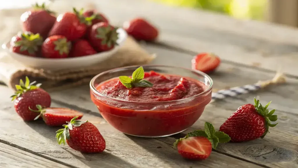 Close-up of strawberry puree in a glass bowl with whole strawberries around it on a wooden table.