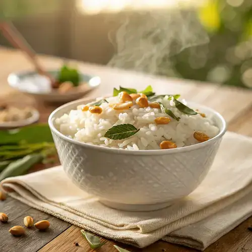 Steaming coconut rice in a white bowl, garnished with curry leaves and peanuts, with a blurred wooden table in the background.