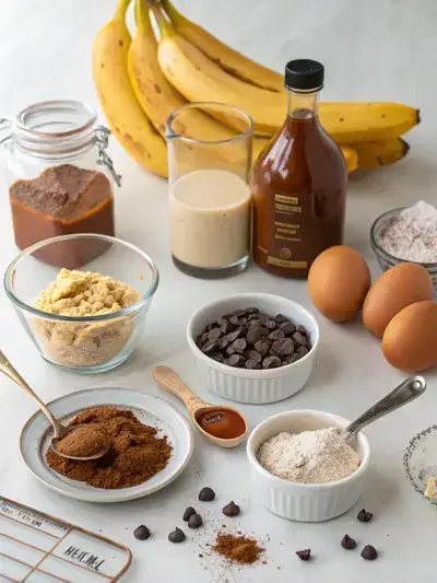 An array of ingredients for protein brownies including oat flour, protein powder, cocoa powder, bananas, eggs, almond butter, maple syrup, almond milk, vanilla extract, baking powder, salt, and chocolate chips.