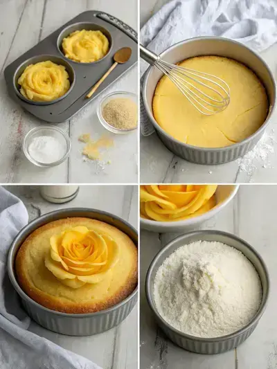 Step-by-step images of making a Yellow Rose Cake, from preparation to decoration.