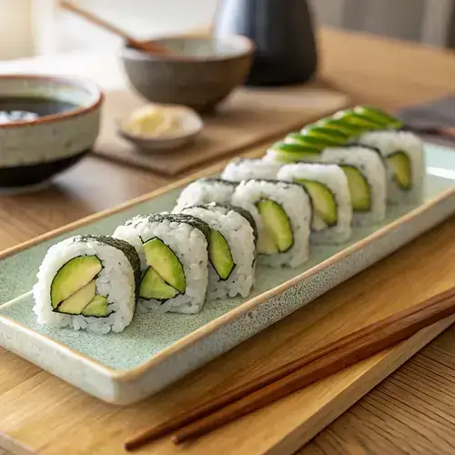 Neatly arranged maki rolls with glossy rice and fresh ingredients on a plate.