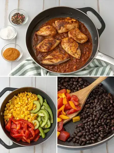 Step-by-step preparation of Chicken Fiesta with vibrant ingredients and cooking process.