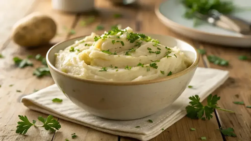 Close-up of a ceramic bowl filled with creamy mashed white sweet potatoes garnished with parsley on a wooden table.