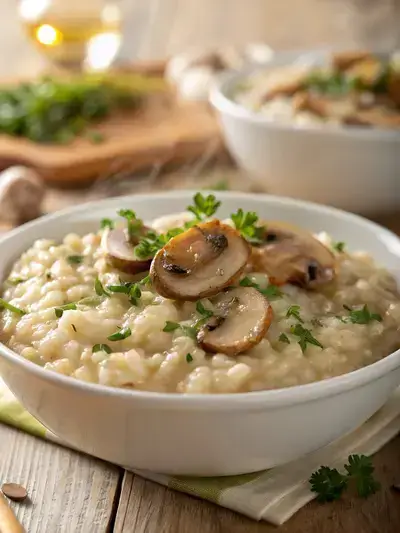 Close-up of creamy mushroom risotto with arborio rice and parsley in a white bowl