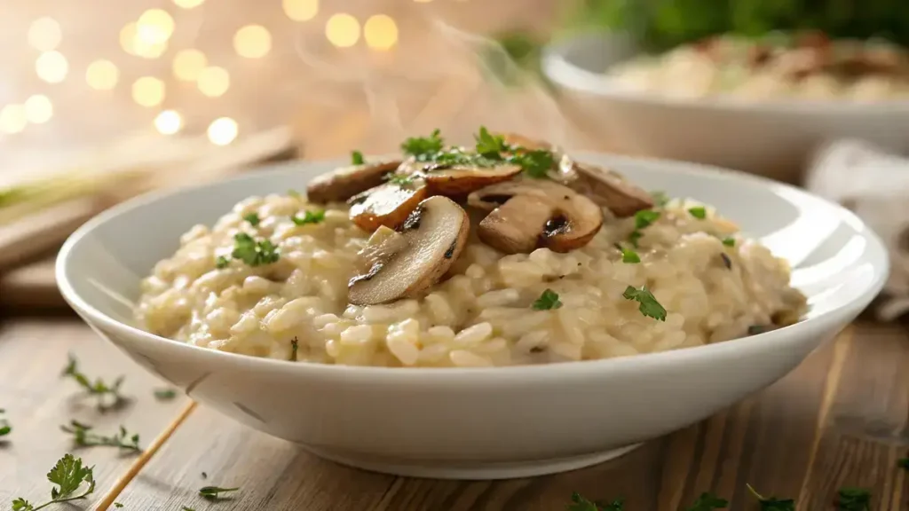 Close-up of creamy mushroom risotto with arborio rice and parsley in a white bowl