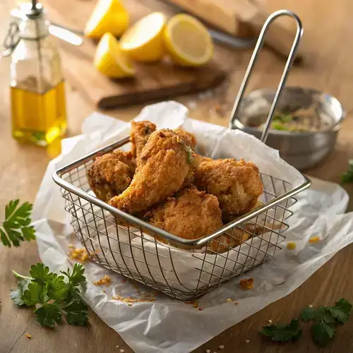 Photorealistic image of broasted chicken in a metal wire basket, highlighting its crunchy surface and rustic presentation.