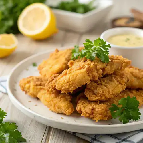 Golden crispy chicken strips with a sheen on a white plate, surrounded by lemon halves and dipping sauce.