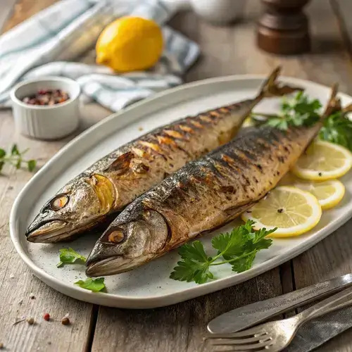 Close-up of grilled mackerel fish with olive oil sheen and char marks, surrounded by parsley and lemon.