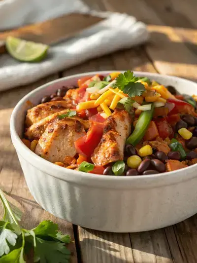 A vibrant Chicken Fiesta dish featuring grilled chicken, bell peppers, and cheese in a white bowl on a wooden table.