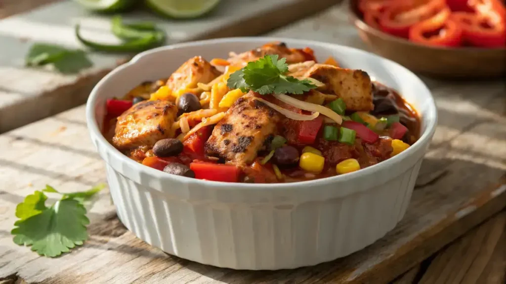 A vibrant Chicken Fiesta dish featuring grilled chicken, bell peppers, and cheese in a white bowl on a wooden table.