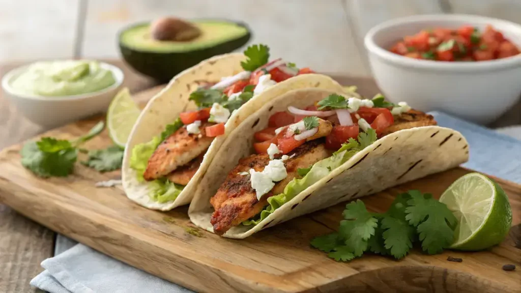 Close-up of three chicken tacos on a wooden board, showcasing vibrant ingredients and textures, with a focus on El Gallo Giro.