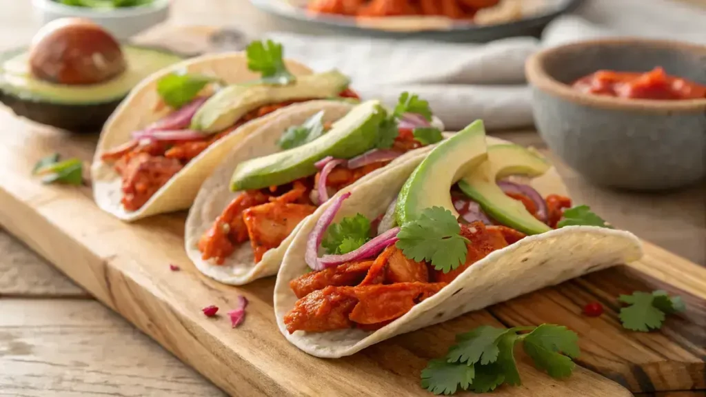 Three vibrant chicken tacos filled with shredded turkey and Cholula hot sauce on a rustic wooden board.