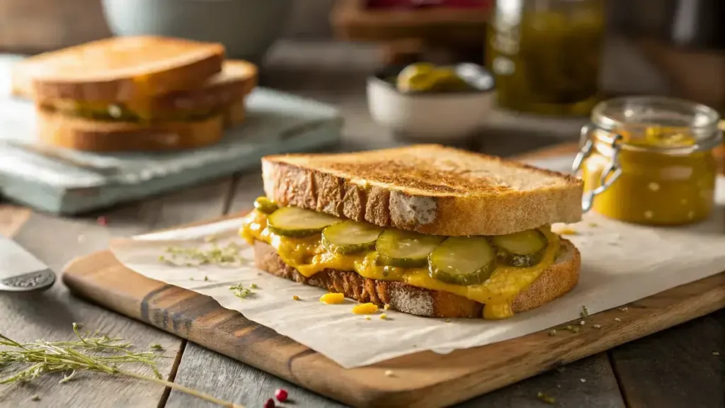 Close-up of a grilled pickle sandwich on sourdough bread with dill pickles and mustard.