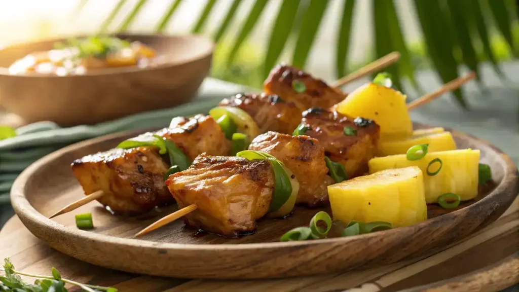 Close-up of Hawaiian Huli Huli Chicken skewers with pineapple slices and green onions on a wooden plate.