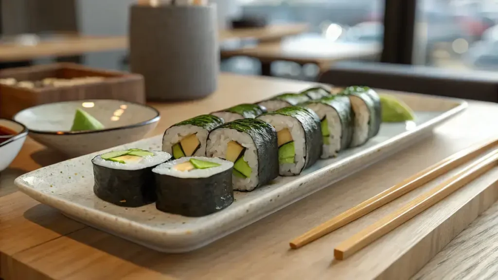 Close-up of sliced maki rolls on a ceramic plate with chopsticks and garnishes.