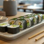 Close-up of sliced maki rolls on a ceramic plate with chopsticks and garnishes.