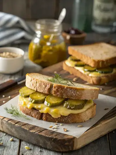 Close-up of a freshly made pickle sandwich on sourdough bread with dill pickles and mustard.