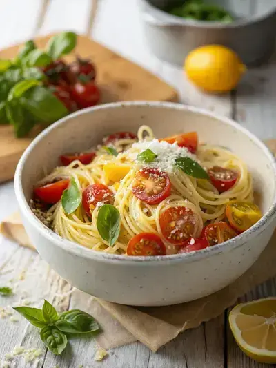Close-up of a rustic bowl of skinny pasta with cherry tomatoes and basil, drizzled with olive oil.