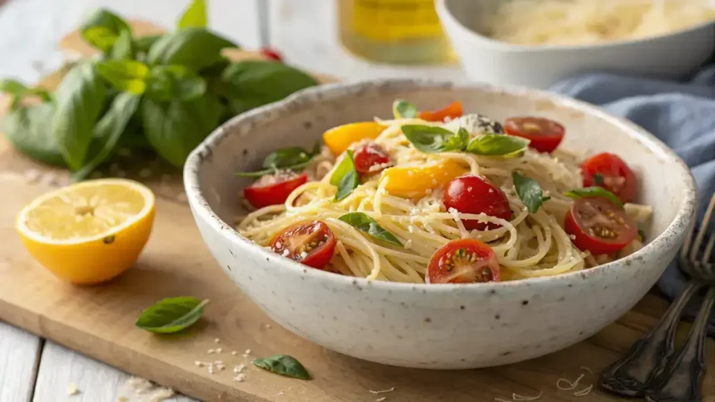Close-up of a rustic bowl of skinny pasta with cherry tomatoes and basil, drizzled with olive oil.