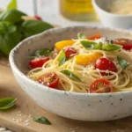 Close-up of a rustic bowl of skinny pasta with cherry tomatoes and basil, drizzled with olive oil.