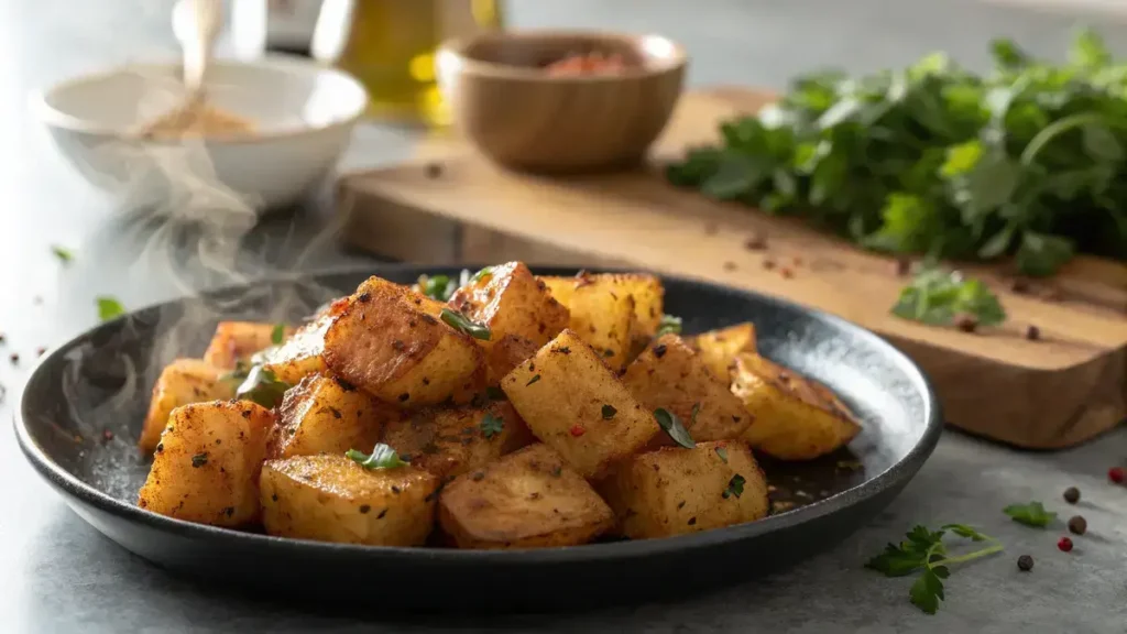 Close-up of golden-brown spicy cubes on a black plate, garnished with herbs.