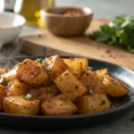 Close-up of golden-brown spicy cubes on a black plate, garnished with herbs.