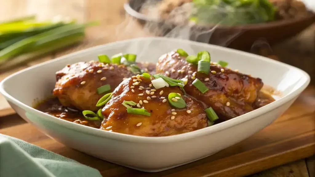 Close-up of glazed teriyaki chicken thighs in a white bowl, garnished with scallions and sesame seeds.
