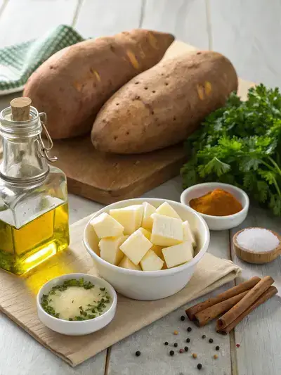 Fresh ingredients for a recipe featuring white sweet potatoes, including olive oil, maple syrup, and spices on a wooden countertop.