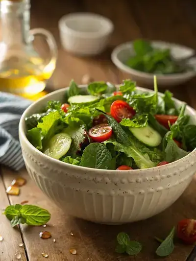Close-up of a white ceramic bowl filled with a fresh minted greens salad, showcasing mixed greens and mint leaves.
