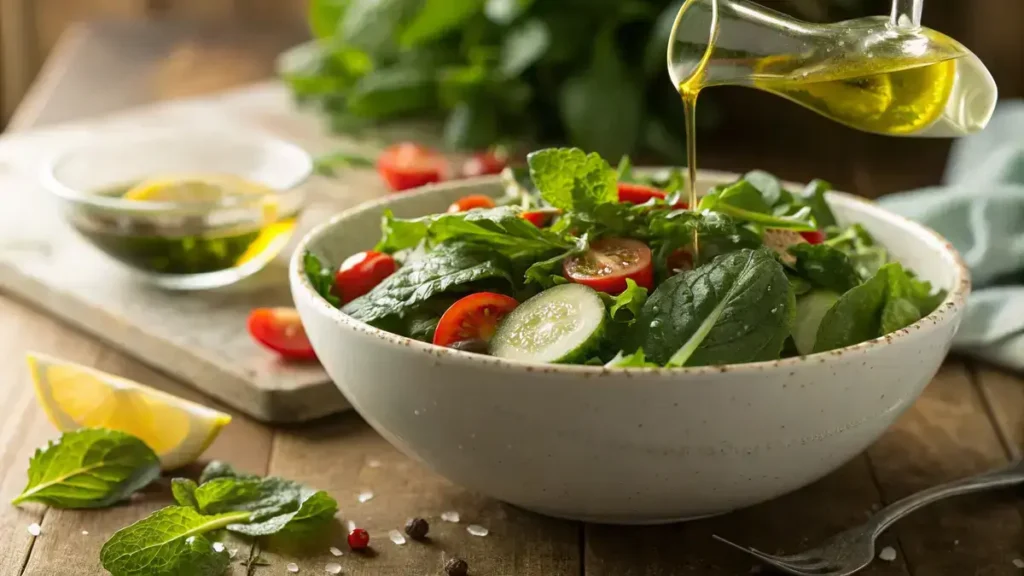 Close-up of a white ceramic bowl filled with a fresh minted greens salad, showcasing mixed greens and mint leaves.