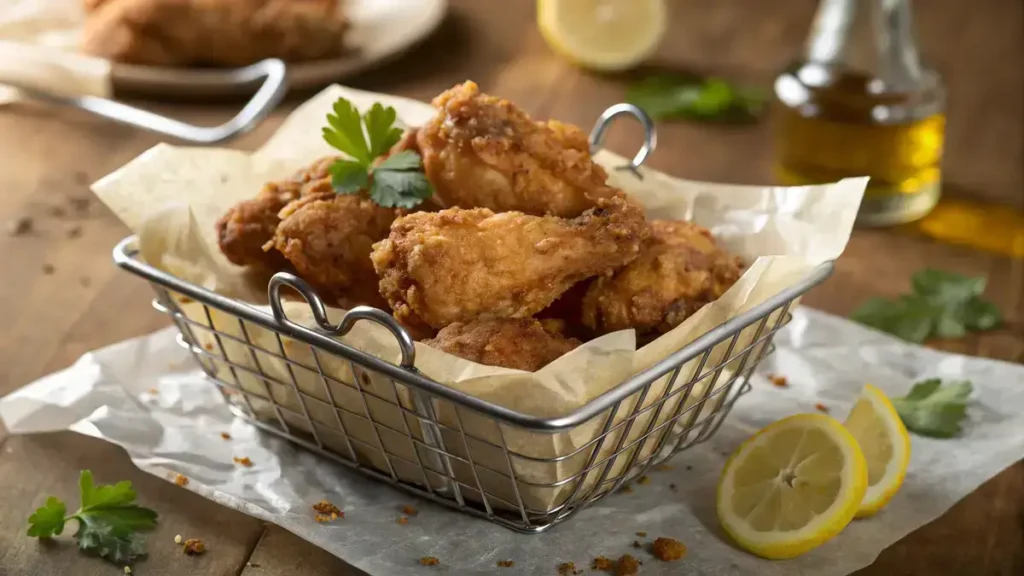 Close-up of a basket filled with golden-brown broasted chicken pieces on parchment paper, garnished with parsley and lemon wedges.