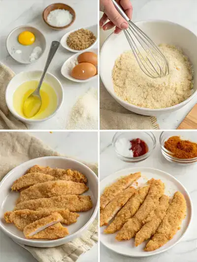 Step-by-step preparation of Golden Chick chicken strips, from slicing chicken to frying and garnishing.