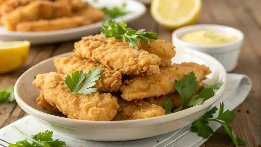 Close-up of golden crispy chicken strips on a white plate with parsley garnish and creamy dipping sauce.