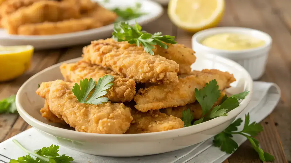 Close-up of golden crispy chicken strips on a white plate with parsley garnish and creamy dipping sauce.