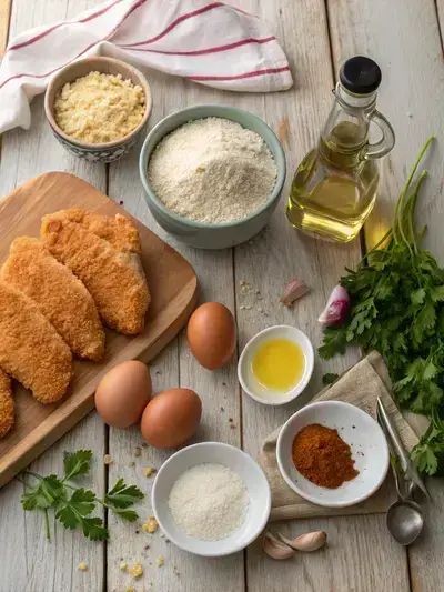 Ingredients for Golden Chick crispy chicken recipe displayed on a wooden table.