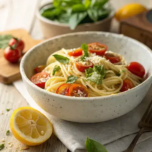 Bowl of angel hair pasta topped with Parmesan and lemon zest, surrounded by fresh ingredients.