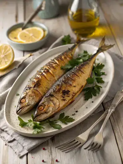 Two whole grilled mackerel fish with crispy skin and garnished with parsley and lemon on a wooden table.