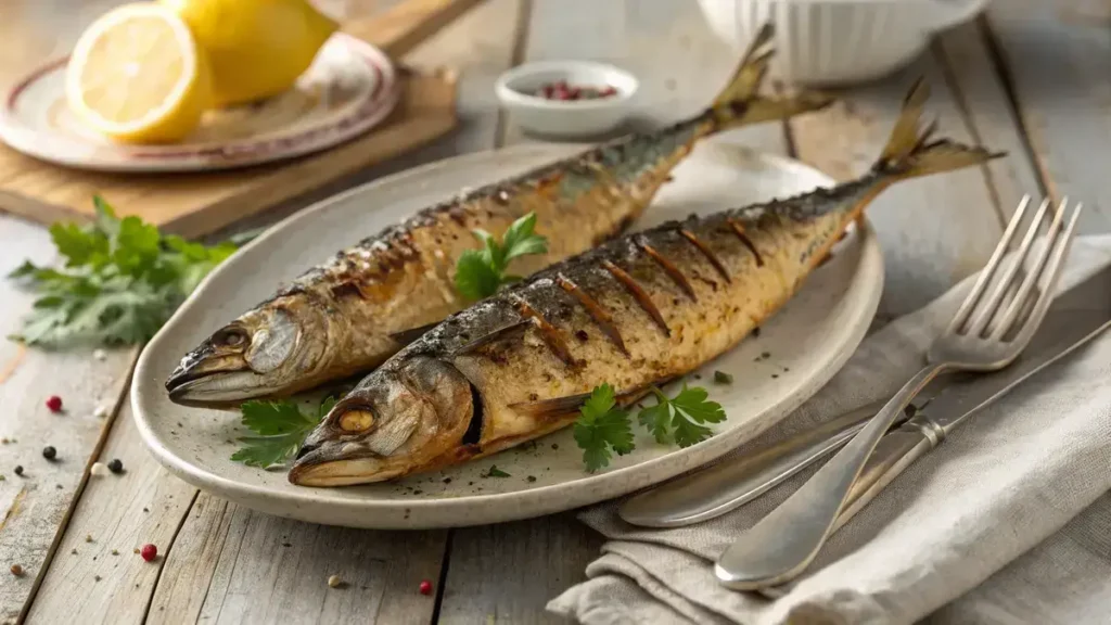 Two whole grilled mackerel fish with crispy skin and garnished with parsley and lemon on a wooden table.