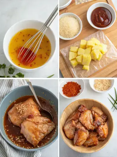 Step-by-step preparation of Hawaiian Huli Huli Chicken skewers with marinade and garnishes.