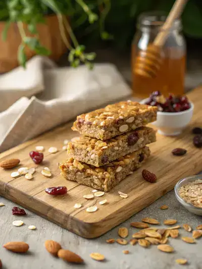 Close-up of homemade granola bars with oats, honey, almonds, cranberries, and chia seeds on a wooden cutting board.