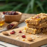 Close-up of homemade granola bars with oats, honey, almonds, cranberries, and chia seeds on a wooden cutting board.