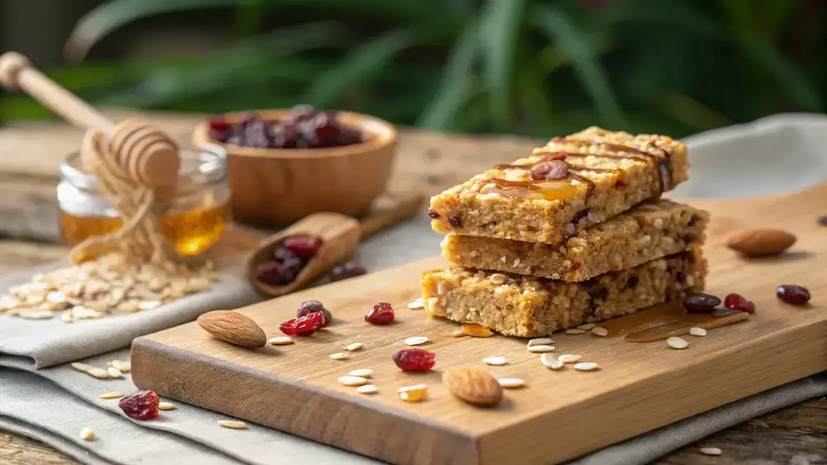 Close-up of homemade granola bars with oats, honey, almonds, cranberries, and chia seeds on a wooden cutting board.