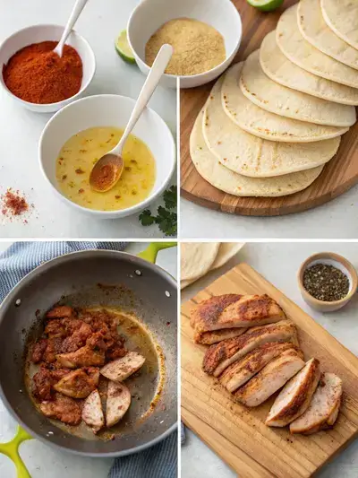 Step-by-step preparation of El Gallo Giro chicken tacos, showcasing ingredients and cooking process.