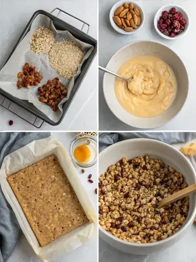 Step-by-step images of making granola bars, from mixing ingredients to baking and storing.