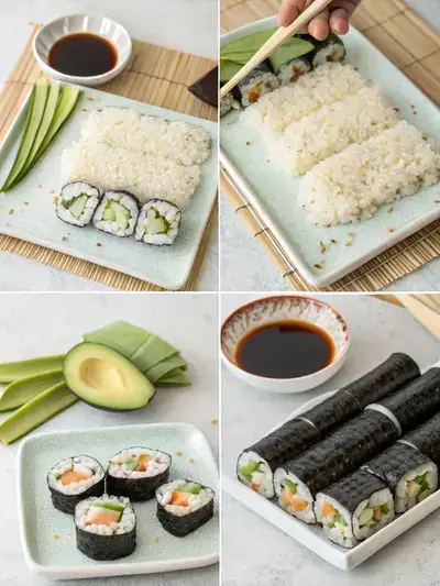Step-by-step images of making maki rolls, from rinsing rice to serving.