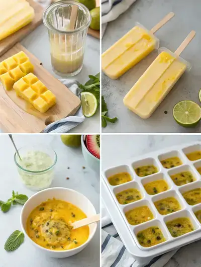 Step-by-step process of making Mango Passion Fruit Popsicles, from blending ingredients to serving the final treat.