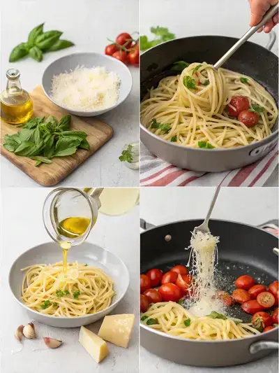 Step-by-step preparation of skinny pasta with garlic and cherry tomatoes.